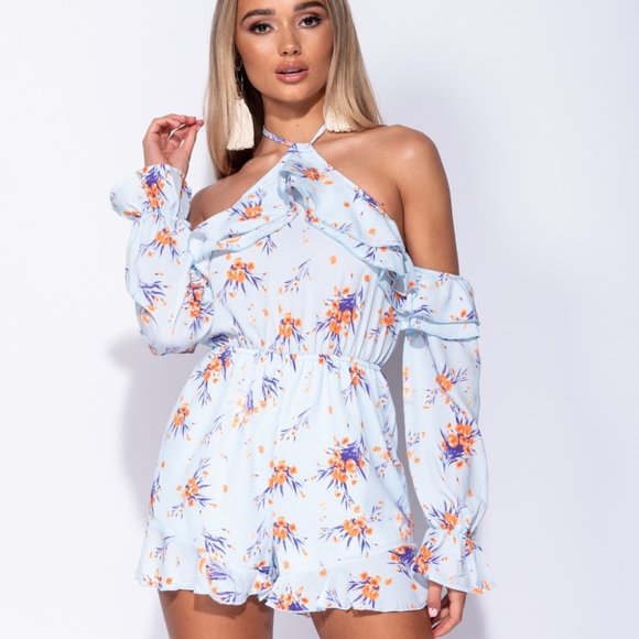 Tahitian Goddess Blue Floral Cold Shoulder Romper - Picture 2 of 9
